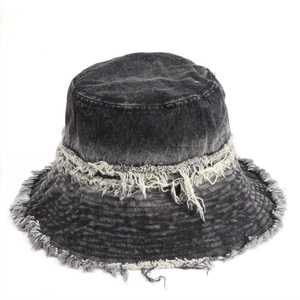 Vintage frayed denim bucket hat in charcoal grey with distressed fringe and sun protection