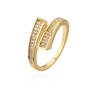 Detailed view of gold plated open ring with double row micro-pave cubic zirconia crystals