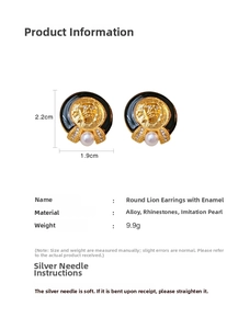 Detail view of lion head earrings with size specs and materials like alloy and rhinestones
