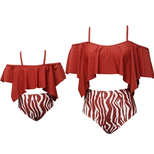 Matching mother daughter bikini set with red ruffle tops and zebra print high waist bottoms