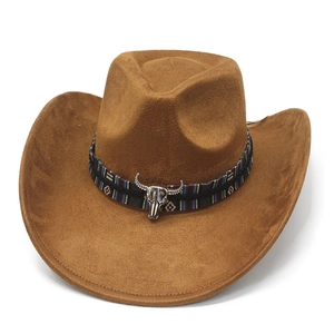 Detail of western cowboy hat featuring vintage bull head metal ornament and woven band
