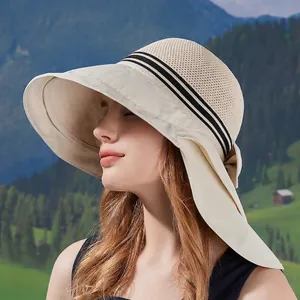 Outdoor wide brim sun hat with neck flap and breathable mesh in light khaki