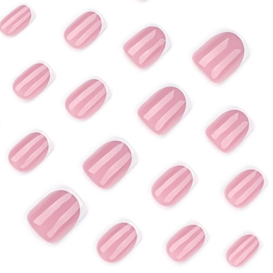 Classic French tip press on nails in short square shape with glossy pink base