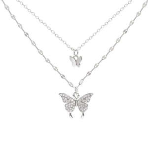 Double-layer silver butterfly necklace featuring a zircon pendant on a dainty chain