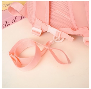 Detailed view of pink toddler backpack with safety leash and breathable mesh back padding