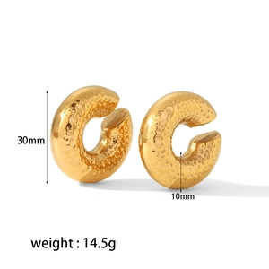 Textured 18k gold plated hollow C-shaped clip-on earrings with hammered finish, 30mm size