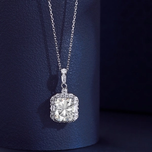 Macro view of a rhodium-plated S925 silver necklace with square cubic zirconia pendant