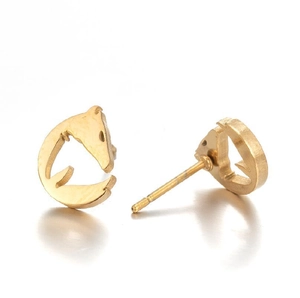 Minimalist gold-colored stainless steel stud earrings in a hollow horse head design