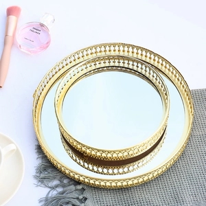 Nordic round metal mirrored tray set with hollow gold frames for luxury storage