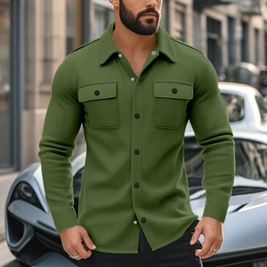 Detailed close-up of olive green men's fleece-lined jacket featuring lapel and pockets