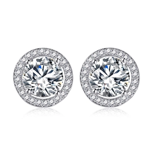 Elegant halo stud earrings with pink cubic zirconia in platinum plated copper finish
