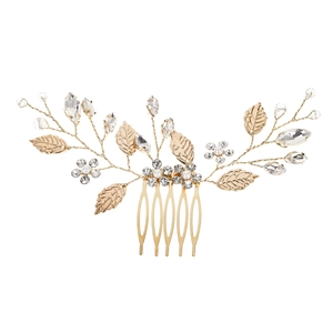 Elegant gold leaf hair comb with rhinestones and pearls for traditional bridal hairstyles