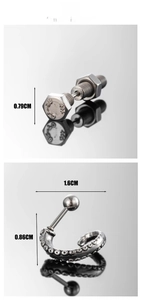 Detailed close-up of industrial screw stud and octopus tentacle stainless steel earring set