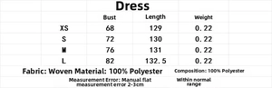 Tableau des tailles détaillé pour robe en satin avec mesures de buste et de longueur