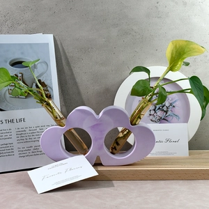 Modern purple cloud-shaped ceramic hydroponic vase with two glass tubes for home decor