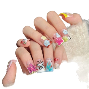 Pastel 3D butterfly and flower press-on nails in long square shape with pearl accents