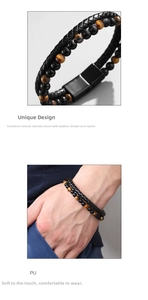 Detail of double-layer bracelet with braided PU leather, tiger eye and lava stone beads