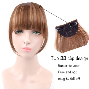 Detail showing two secure BB clips on brown synthetic hair bangs for easy attachment