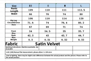 Tableau des tailles pour pantalon en satin avec mesures de taille et de hanches en cm
