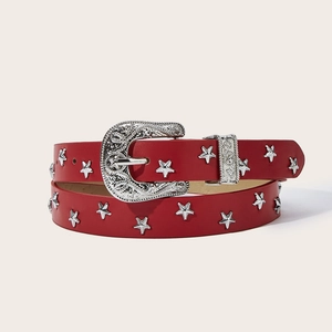 Red leather belt with silver star studs and western floral engraved metal buckle