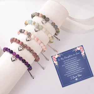 Bracelets tressés en pierre zèbre rose avec breloque cœur et carte cadeau fille