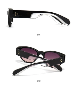 Detail view showing side and back profiles of black round sunglasses with star rivets