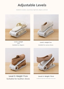 Detail of adjustable four-level shoe storage rack showing heights from 5cm to 15cm