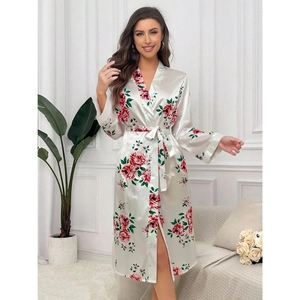 Elegant white satin floral robe with red rose patterns and waist tie for women