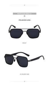 Front and 45-degree side view of matte gun gray polarized square sunglasses for men
