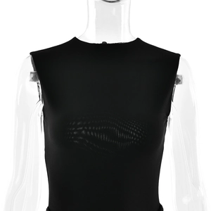 Detail view of the sleek backless design and tie-up closure on this black slim dress
