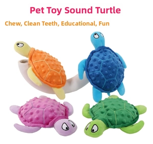 Detail of colorful plush sea turtle dog toys with textured bumps and squeaky sound