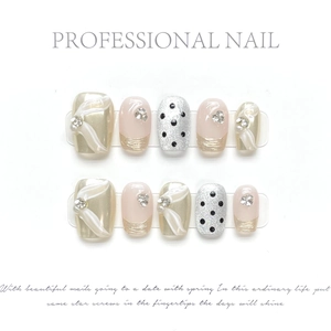 Polka dot press-on nails with 3D embossed texture and sparkling rhinestones set