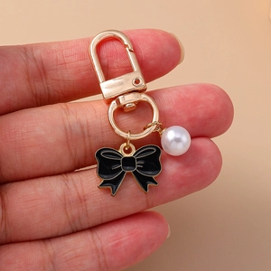 Bowknot Keychain Metal Enamel Bow Faux Artificial Pearl Pendant Bag Charm Backpack Accessory Elegant For Women