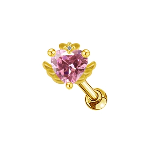 Golden heart-shaped pink zircon stud earrings with crown and wings on white background
