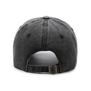 Back view of vintage washed black denim baseball cap with adjustable bronze metal buckle