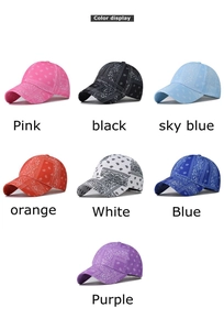 Multiple color options for paisley pattern baseball caps including pink, blue, and black