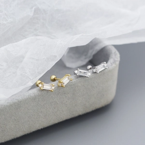 Classic rectangle 925 silver stud earrings with sparkling double zircon stones