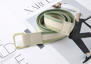 Detail of green and beige striped canvas belt with double D-ring buckle on a magazine