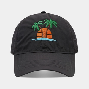 Quick-dry black baseball cap featuring palm tree embroidery and sunset beach design