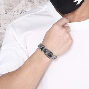 Punk vintage men's stainless steel dragon head bracelet with antique silver scale chain