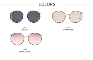 Three pairs of stylish round metal sunglasses in black, champagne, and purple pink gradient