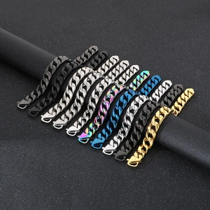Polished 15mm stainless steel Cuban link bracelets in gold, silver, black and blue colors