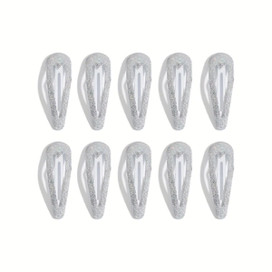 Set of 10 silver glitter teardrop snap hair clips arranged in a 2x5 grid on white background
