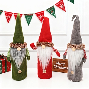 Christmas Wine Bottle Cover Gnome Design Non-Woven Fabric Faux Fur Beard Wood Button Knitted Arms Festive Holiday Table Decor