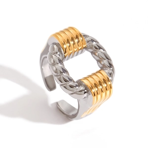 Bague ouverte bicolore en acier inoxydable plaqué or 18K avec design torsadé et bords rainurés