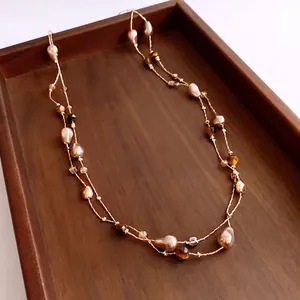 Long Beaded Necklace With Tiger Eye Stone Imitation Artificial Pearl Copper Chain French Retro Style Elegant Jewelry For Women