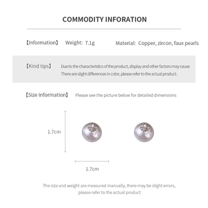 Detailed specs of pearl earrings with copper material and zircon stones size 1.7cm