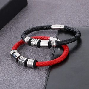Men's braided leather bracelets with stainless steel magnetic clasps in black and red
