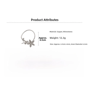 Detail view of flower cuff bracelet showing measurements and silver rhinestone setting