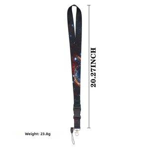 Detail view of starry sky neck lanyard with lobster clasp showing dimensions and weight